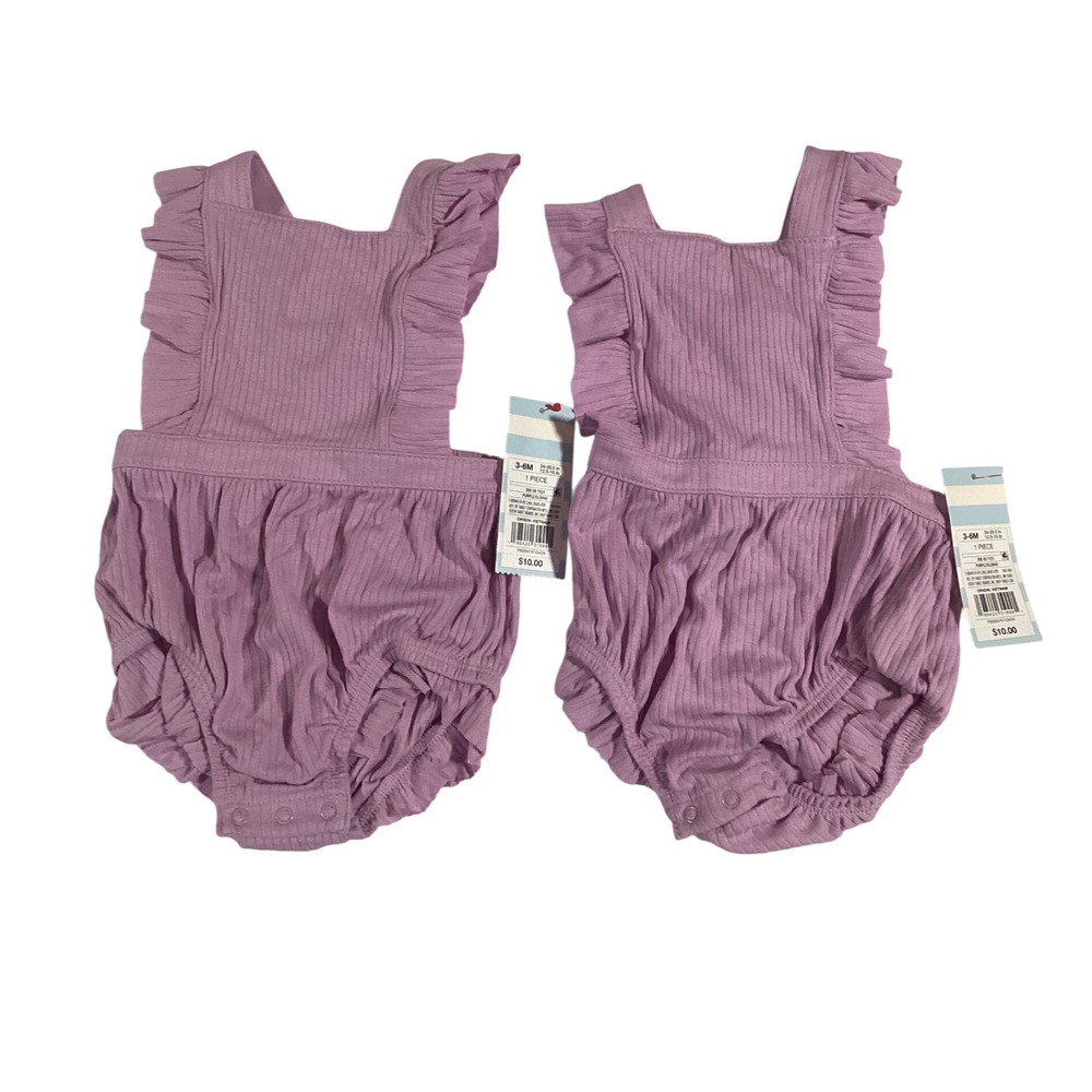 Cat & Jack 3-6M Purple Ribbed Ruffle Strap Romper Bodysuit Set of 2‎ NWT